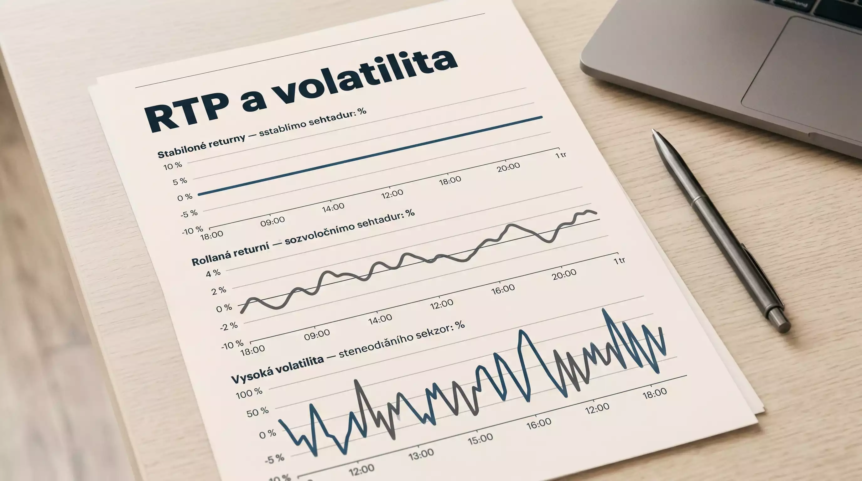Schéma porovnávající RTP, volatilitu a domácí výhodu u typických casino her v editoriálním stylu