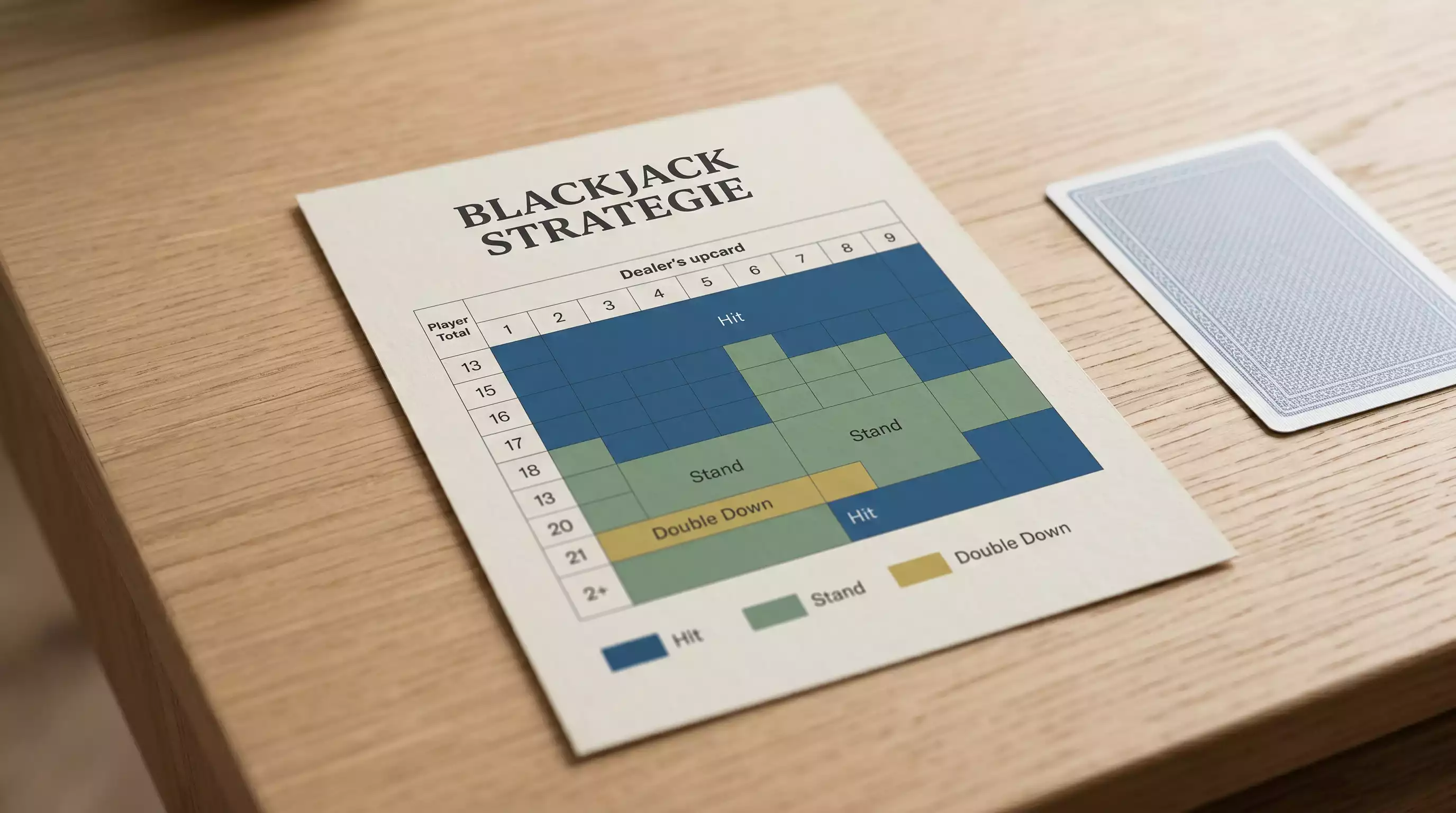 Schematická tabulka základní strategie blackjacku v editoriálním layoutu — hand vs. up-card krupiéra